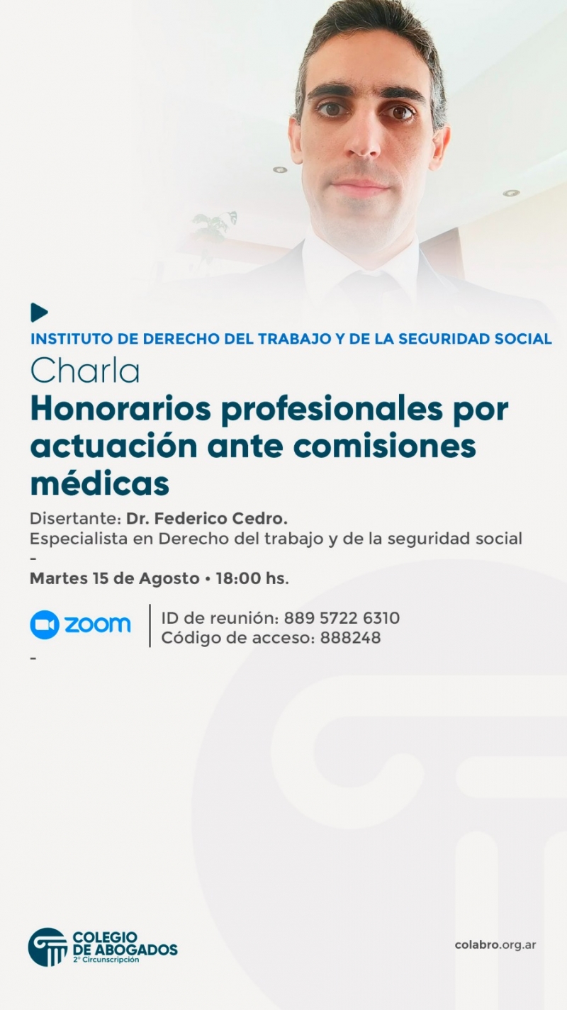 Charla: Honorarios profesionales por actuación ante comisiones medicas - 15/08/2023